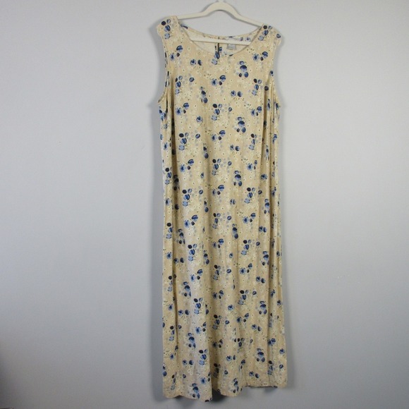 Dressbarn Woman Maxi Dress 18 W Beige Linen VTG Floral Sleeveless Casual 418 - Picture 1 of 13